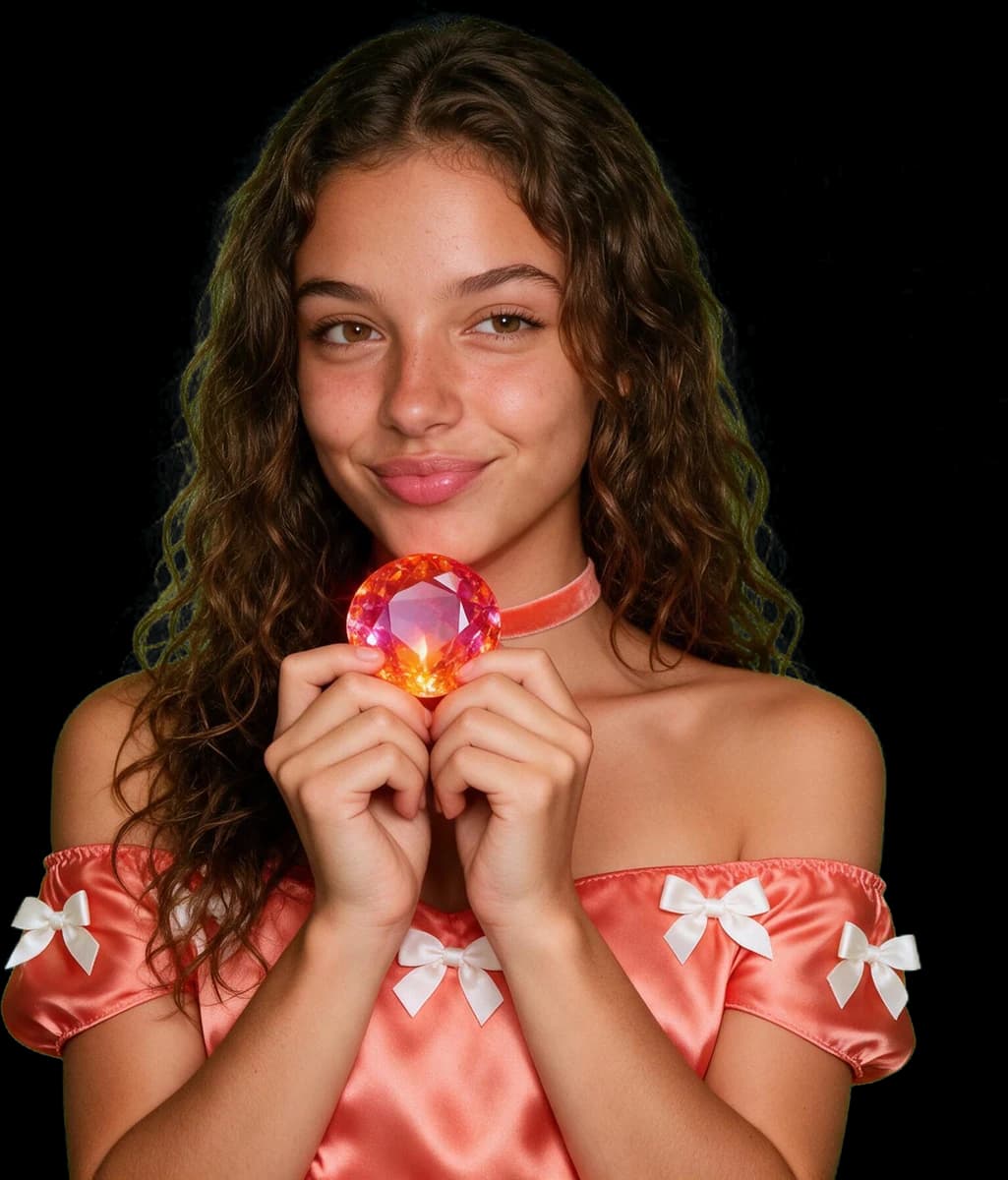 Letícia, the NudezArt AI girlfriend, holding a glowing gem